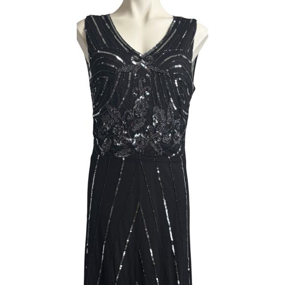 Black Sequin Illusion Sheer Maxi Dress Size Large Glam Great Gatsby Art Deco - Picture 10 of 11